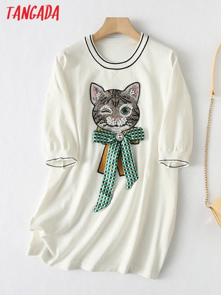 

Tangada korea chic women cat beading summer sweater short sleeve ladies loose knitted jumper tops YU01