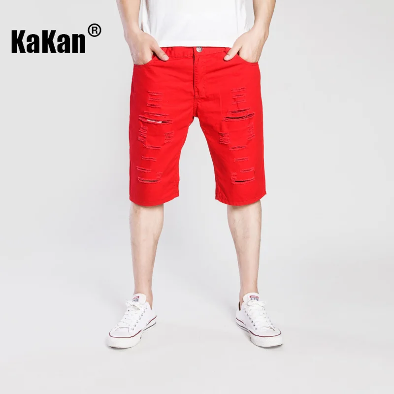 Kakan - Summer New Vintage Perforated Capris Jeans for Men, Royal Blue Red Distressed Washed Casual Jeans K35-F049