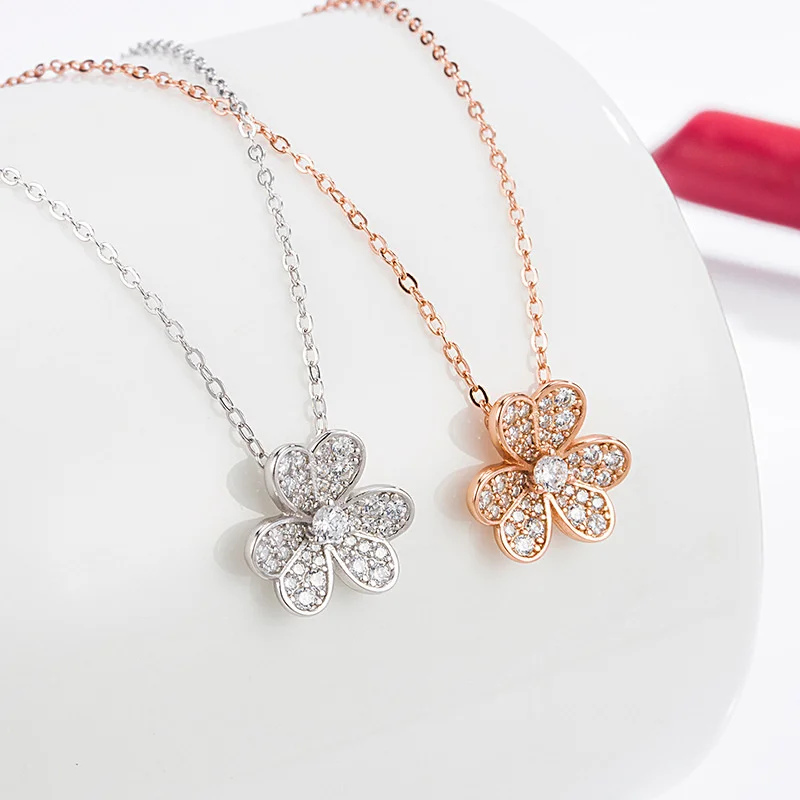 

925 Sterling Silver Clover Necklace original button inlaid with three petals flower Mori clavicle chain