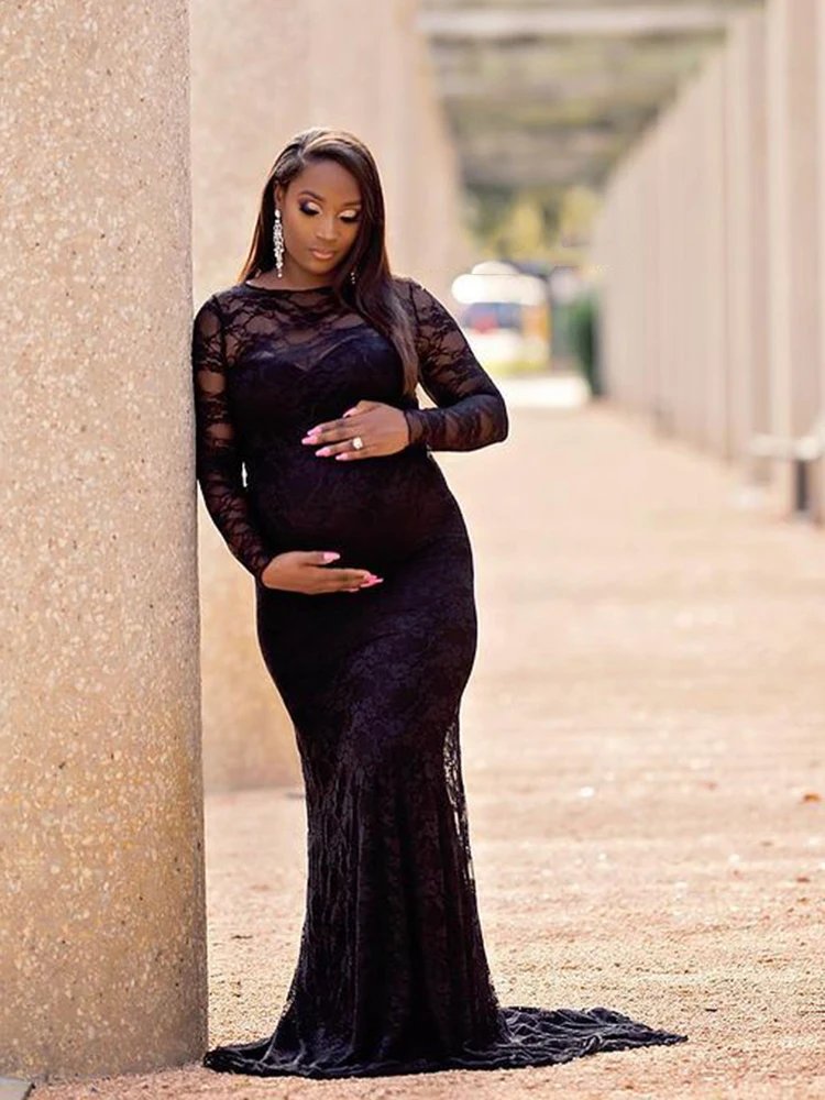 Lace Maternity Gown Photography Pregancy Photoshoot Dress Round Tail Pregnant Woman Highlight Belly Tight Clothes Long Sleeves enlarge