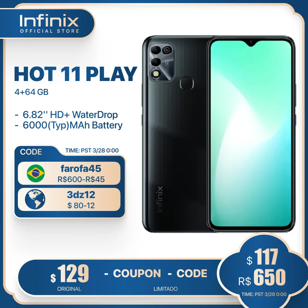 

Global Version Infinix HOT 11 PLAY 6.82'' HD+ Display Smartphone 6000mAh Battery Helio G35 13MP AI Dual Rear Camera