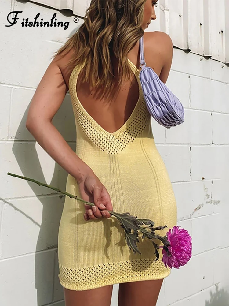 

Fitshinling Backless Summer Dress Beach Wear Hollow Out Halter Pareo Sleeveless Slim Sexy Sundress Bohemian Vintage Knitted Robe