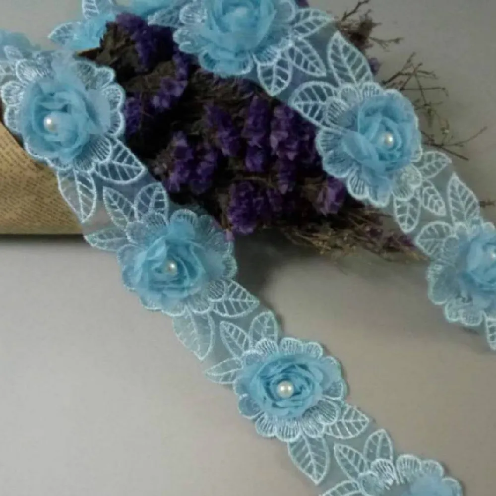 1 ярд 5 см растворимый синий бриллиант жемчужный цветок кружевная отделка вышитая