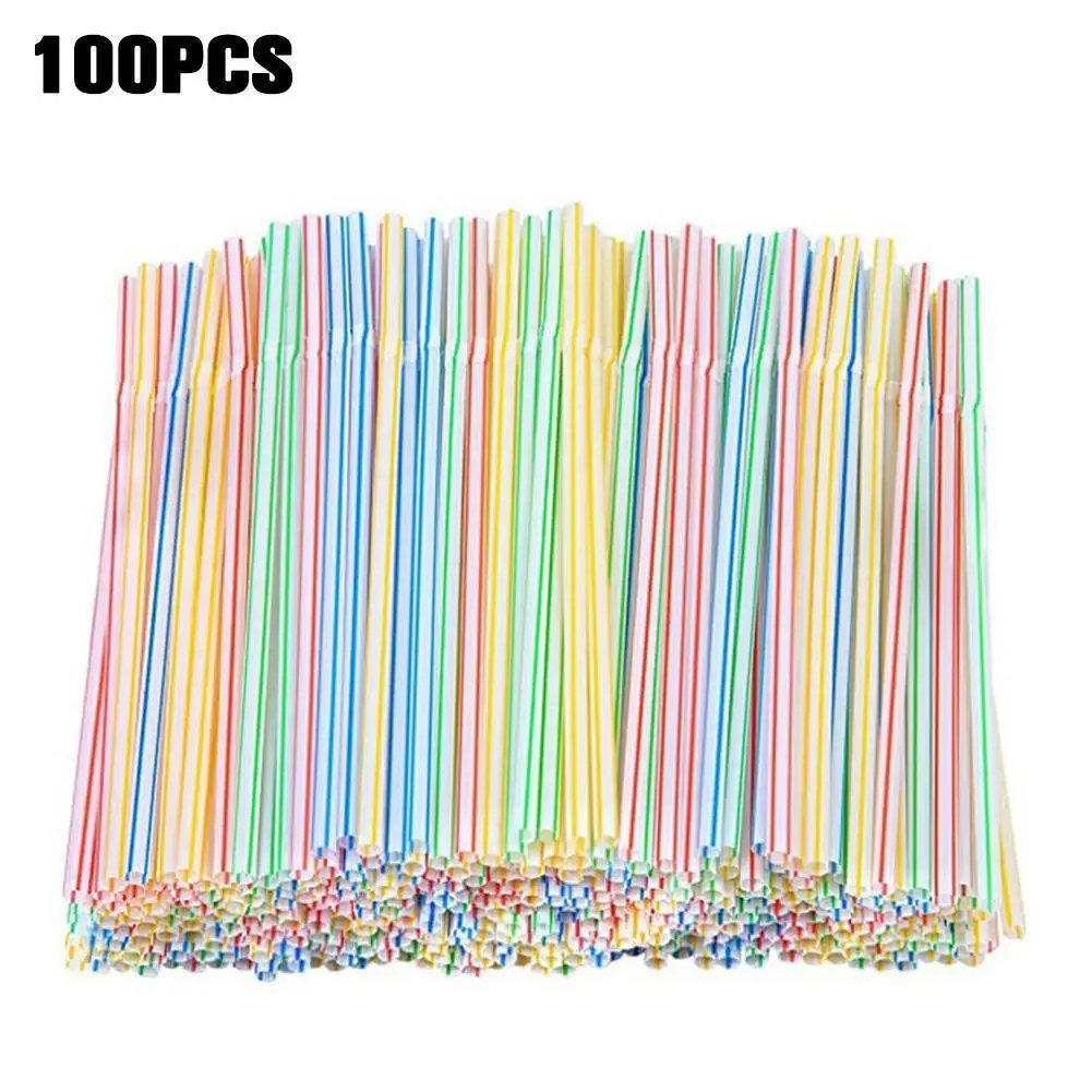 

100Pcs Disposable Plastic Straws Multi-Color Striped Elbow Beverage Plastic Drinking Straws Birthday Celebration Party Supplies