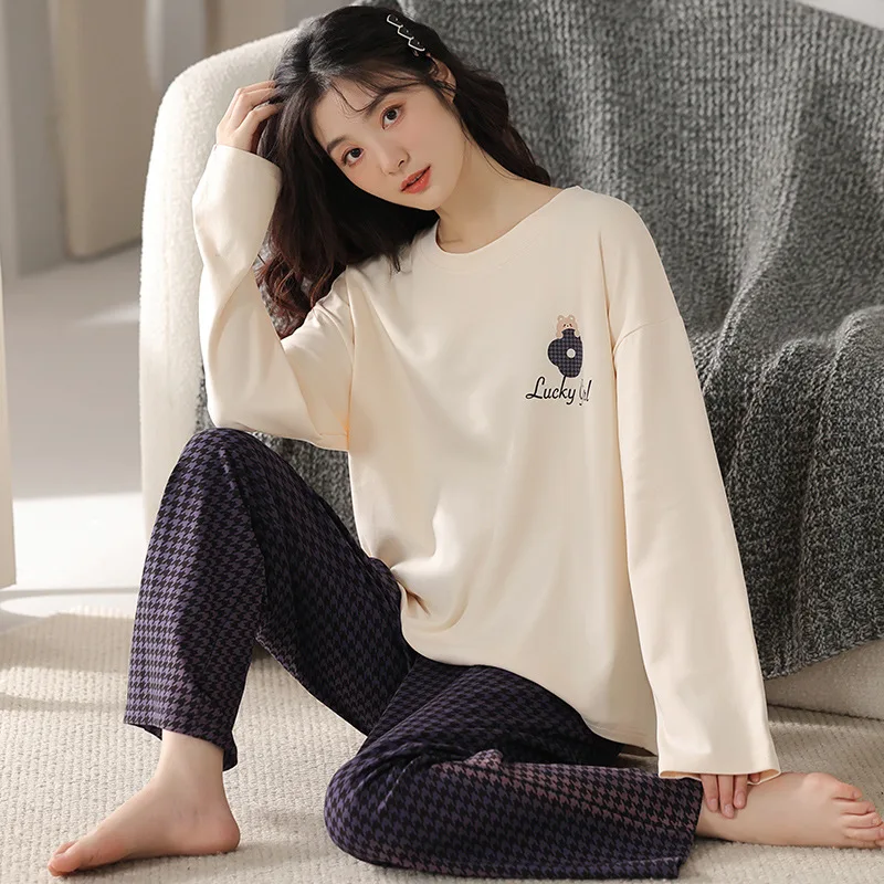 Women's Pajamas Cotton  Sleepwear Sets Women 2 Pieces Pajamas Spring Autumn  Cute Cartoon Long-Sleeved Suit Home Clothes