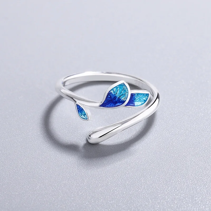 

TULX Blue Enamel Leaves Branches Rings For Women Silver Color Creative Finger Ring Female Resizable Opening Rings