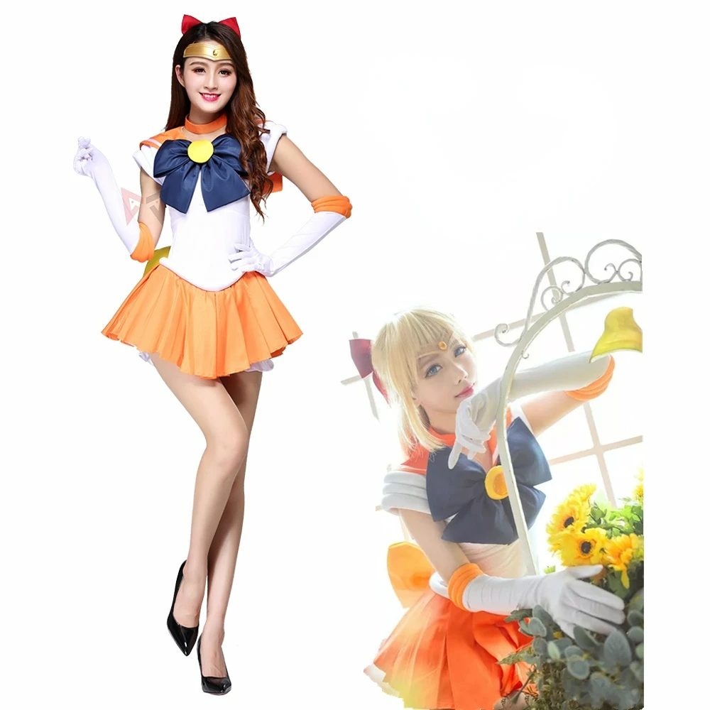 

Anime Sailor Minako Aino Sailor Venus Cosplay Costume Custom Made Dress Bows Headband Gloves Hairpin For Kids Adult Plus Size
