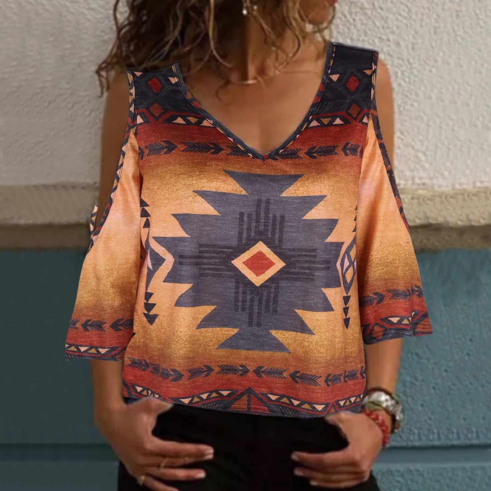 

Women Loose Printed Blouse Style Retro Casual Folk V Neck Off Shoulder Short Sleeve Relaxed V Neck Shirt White Tall Shirt Women