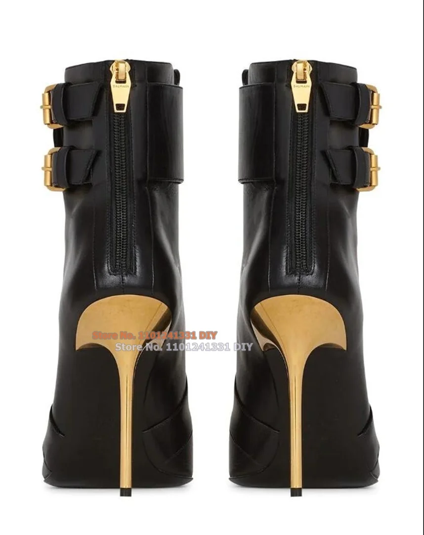 Black Leather Double Buckle Lace Up Short Boots Women Pointed Toe Gold Thin High Heel Bootie Party Shoes