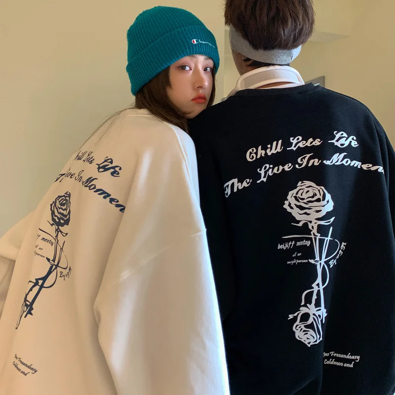 

Roses Print Fleece Sweatshirt Women Autumn Winter Goth Thick Pullover Femme Casual Warm High Street Couple Hoodies Tops Y2k