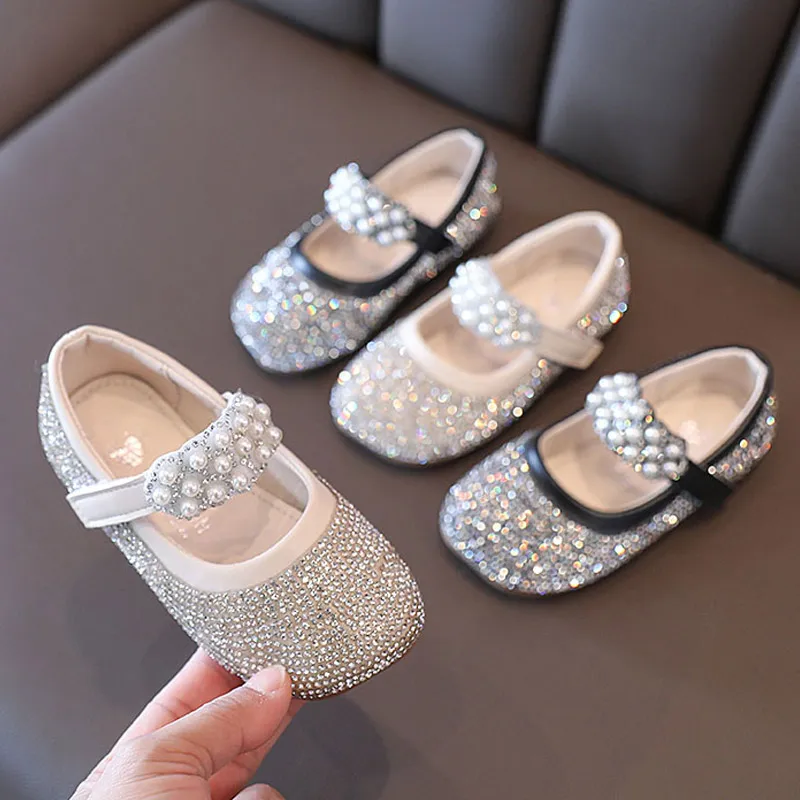 

Toddlers Littler Girls Bring Leather Party Shoes Spring&Autumn Children Flats Silver/Black 1-6Y Fashion Rhinestone