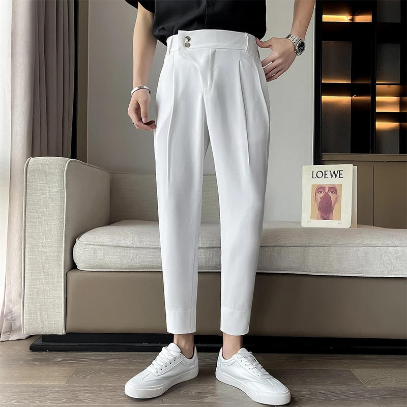 

British Style Men Waist Design Slim Dress Pants Men Spring Summer Slim Fit Suit Pant Formal Office Social Wedding Party Trousers