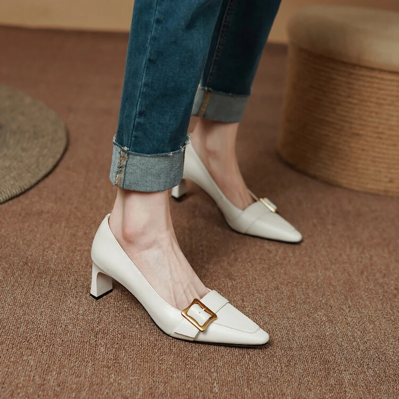 

Женские туфли из натуральной кожи, туфли-лодочки на квадратном каблуке, с ремешком и пряжкой, с квадратным носком, на весну
