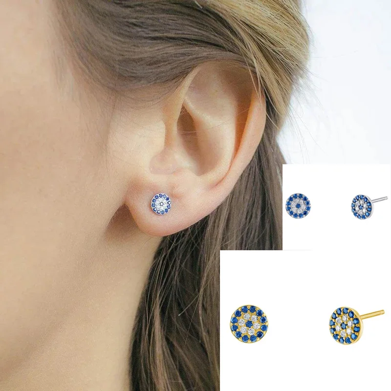 

925 Silver Turkish Blue Evil Eye Stud Earrings for Women Round Micro-inlaid Cubic Zirconia Pushback Earring Christmas Gift