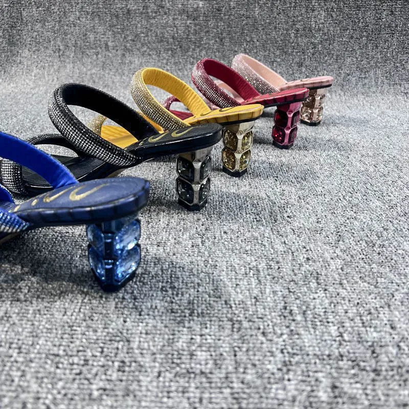 Xibeilove 2023 Summer New Women's Luxury Square Head Rhinestone Crystal High Heel Slippers Sandals Party Wedding Shoes