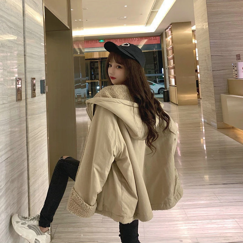 Women Oversized Parkas Hooded Thick Coat Ladies Soft Kawaii Jackets Double Sided Outerwear Autumn Winter Warm Long Sleeve Tops