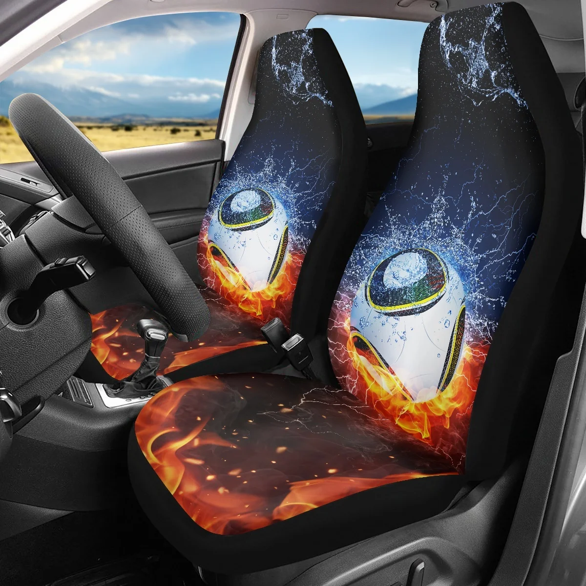 INSTANTARTS Car Seat Covers Soccer Water and Fire 3D Design 2Pcs/Set Vehicle Seat Cover Resistant Auto Front Seat Protector 2023