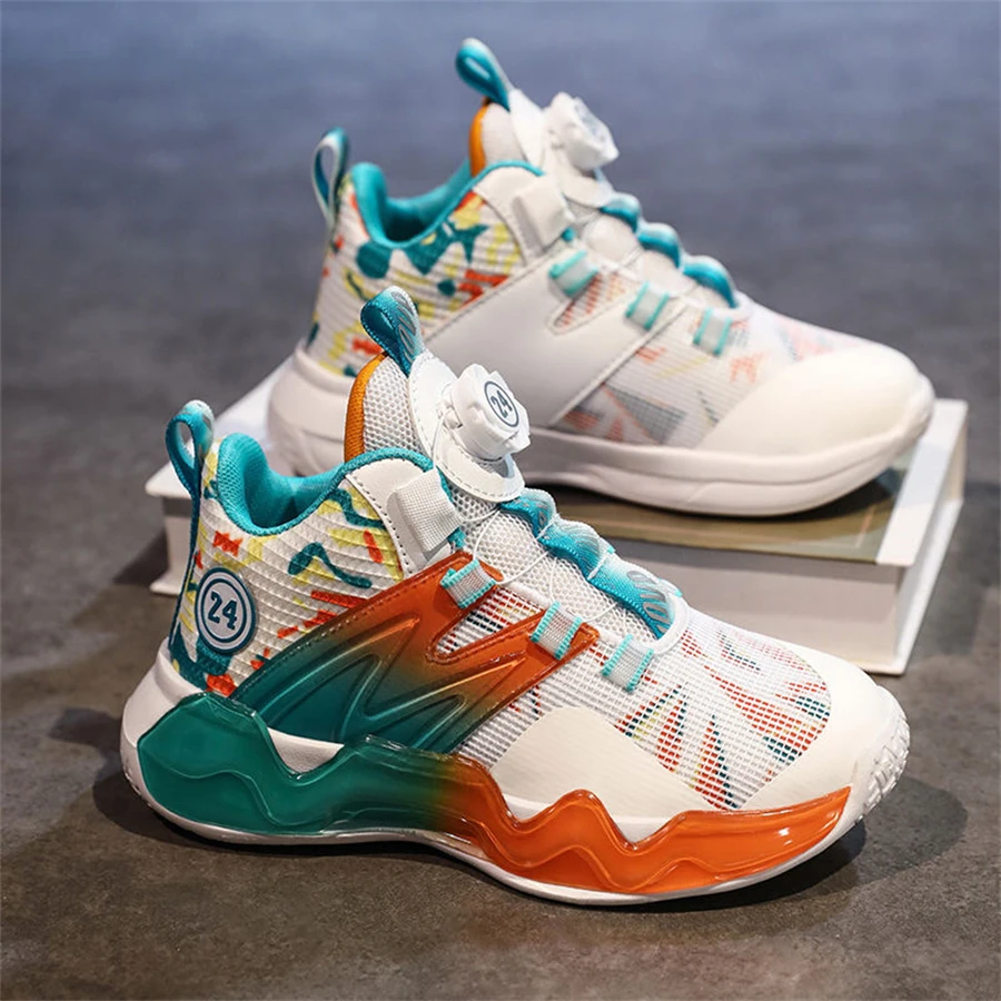 Kid Sneakers Mesh Breathable Boys Basketball Shoes Cushioning Rotating Button Training Athletic Basketball Shoes