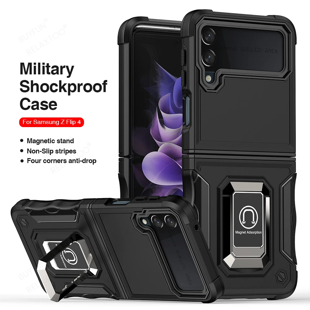 

ZFlip4 Case Armor Shockproof Coque For Samsung Galaxy Z Flip4 Flip 4 5G 2022 6.71" Car Magnetic Stand Holder Ring Protect Fundas