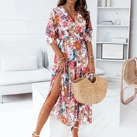 summer youth style vintage print floral party dress women elegant v neck waist long dress mid calf loose boho beach long dress
