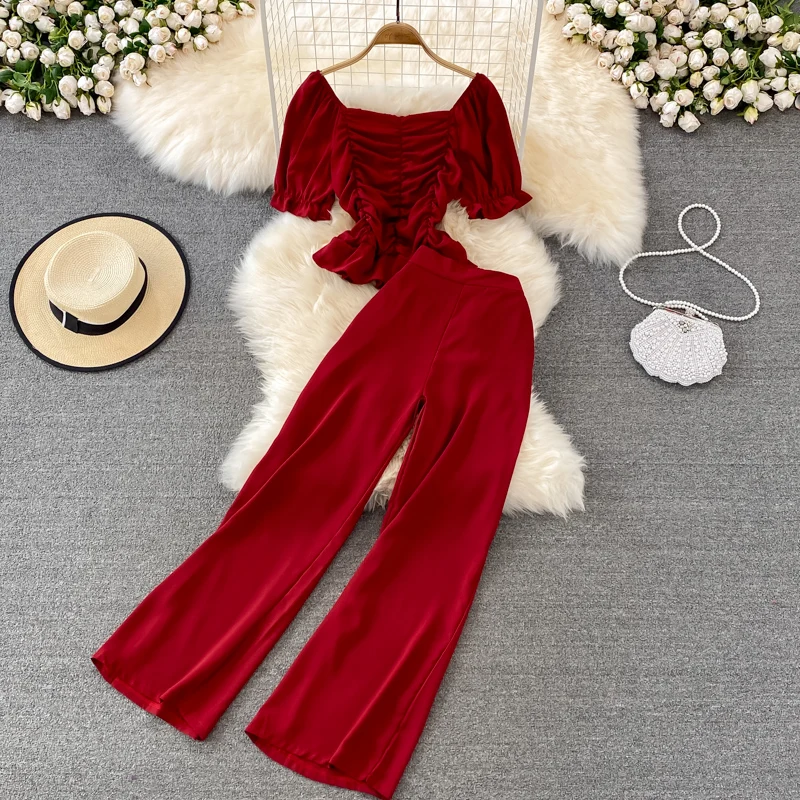 

Fashion Casual Sets Women Square Collar Short Sleeve Slim Cropped Shirts + High Waist Wide Leg Straight Trousers Two Pieces Suit
