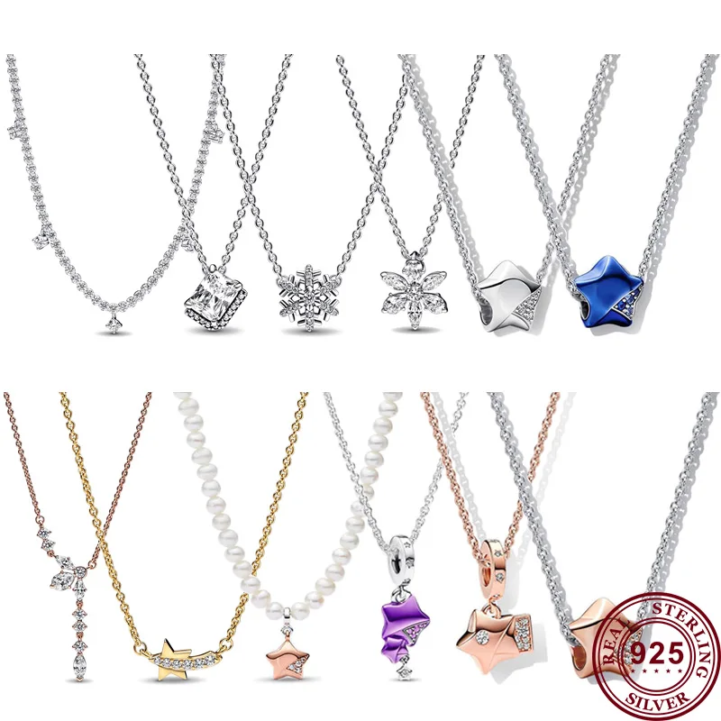 

2022 New Hot 925 Silver Sparkling Snowflake Specimen Lucky Star Women's Logo Necklace Suitable For Original DIY Charm Jewelry