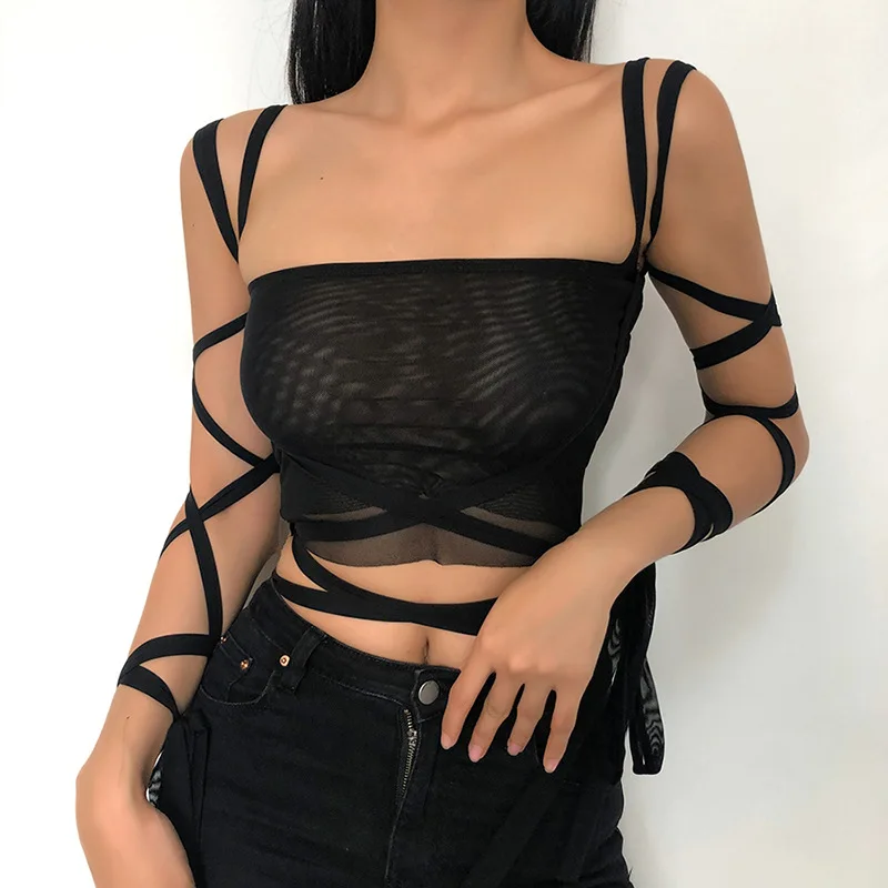 

Women Black Sexy Mesh Crop Top Cyber Y2k Grunge 90s Aesthetic Clothes Lace Up Bandage Mall Goth Tanks Summer Clothing Streetwear