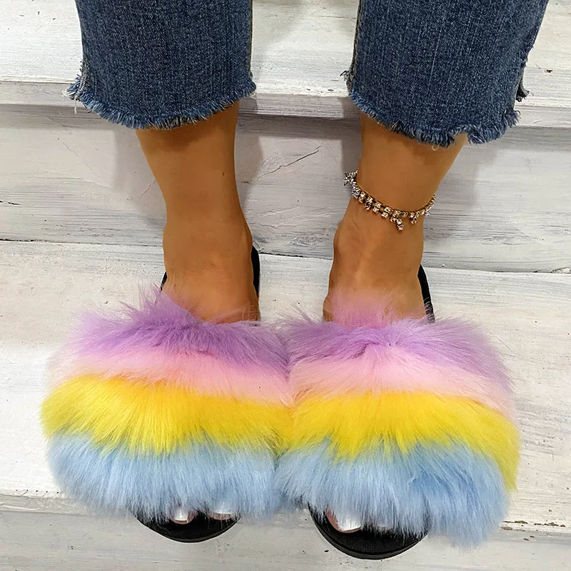Autumn-Winter 2022 New Plush Women's Slippers Europe And The United States Cotton Rainbow color Fashion Casual Women's Slippers