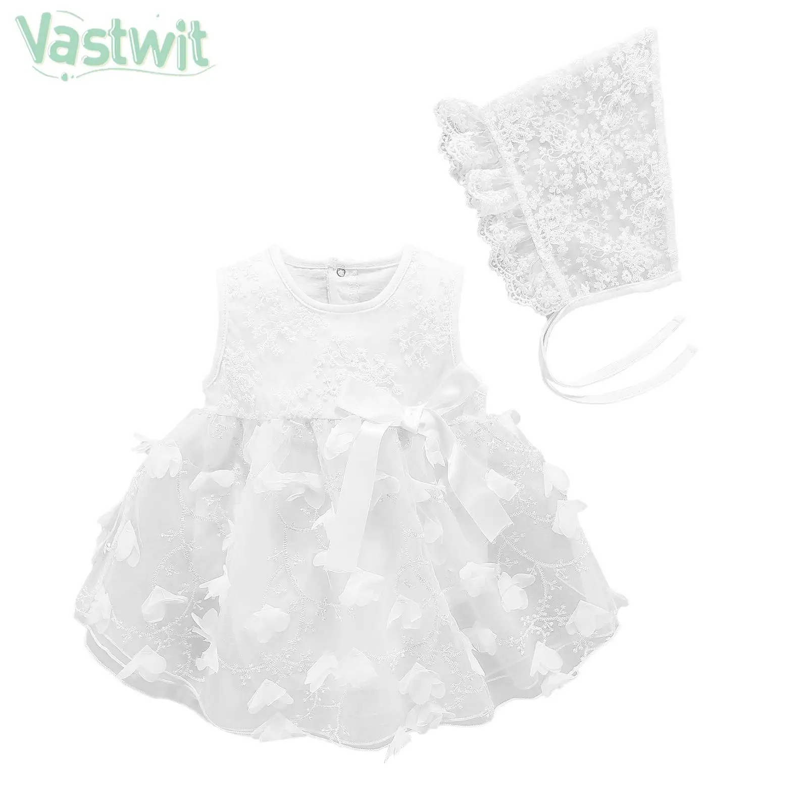 

Infant Baby Girls Elegant Sleeveless Dress Kids Christening Wear Dress Bonnet Floral Embroidery Bowknot for Baby Girls Birthday