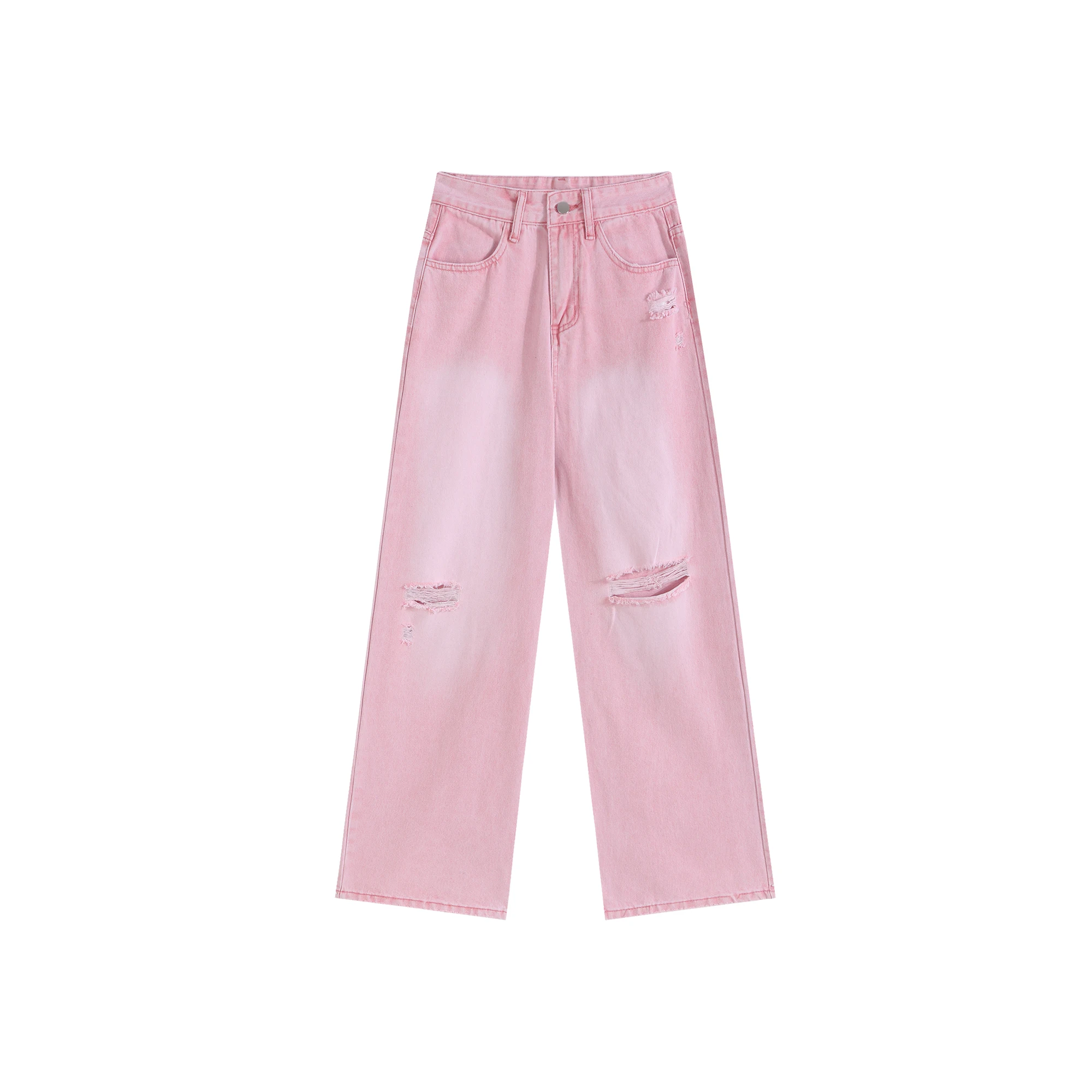 

Pink Jeans Women Loose Thin Holes Cool Wide Legs Pants 90S Hot Girl Y2K Washed Design Street High Waist Straight Tube
