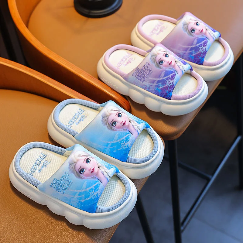 Children Slippers Frozen Princess Elsa Slippers New Linen Summer Non Slip Flip Flops Kids Water Shoes Baby Girls Shower Slippers