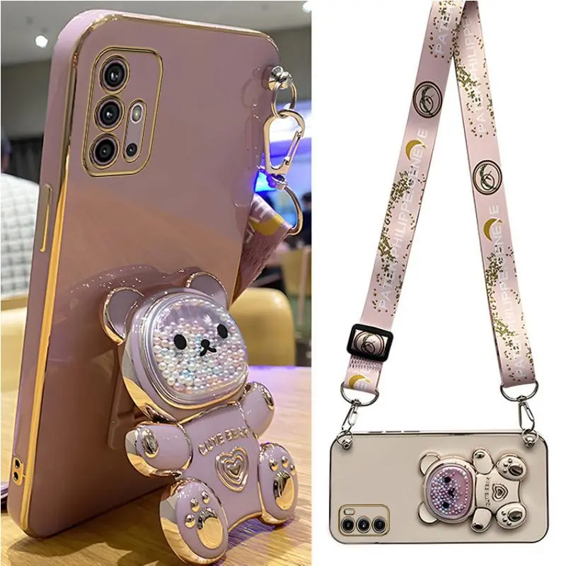 

Quicksand Bear Holder Lanyard Phone Case For Motorola Moto G8 G9 G50 G30 G20 G10 G60 G22 G23 G52 G73 G60s G32 Strap Stand Cover