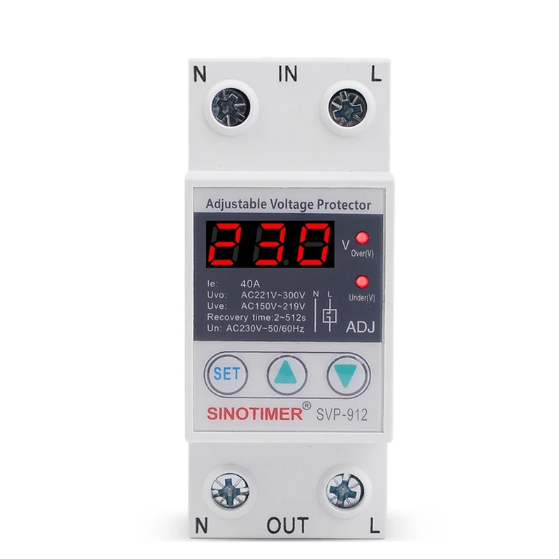 

SINOTIMER LED Display SVP-912 40A Din Rail 230V Adjustable Overvoltage Undervoltage Protective Device Reset Protector Relay