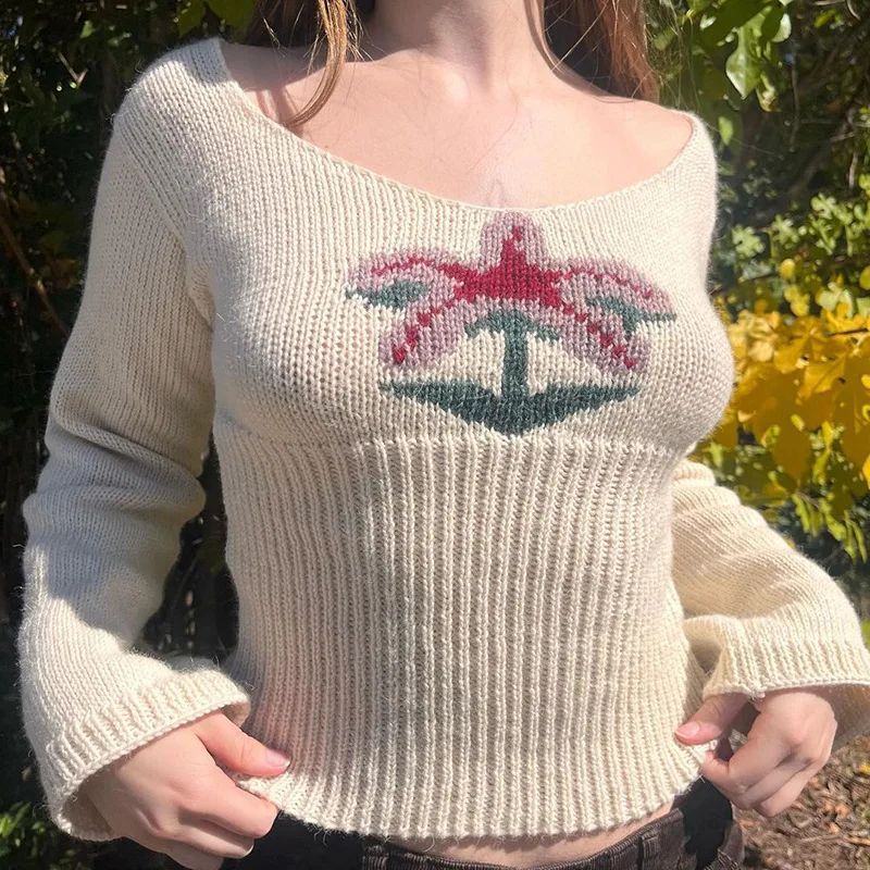 

Harajuku Y2k Oconut Tree Knitwears Pullovers Women Grunge Knitted Cropped Tops Autumn Winter Sweater Vintage Jumpers Outwear