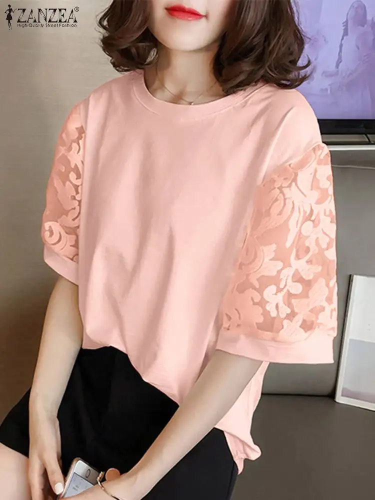 

2022 элегантная повседневная винтажная пляжная Праздничная рубашка ZANZEA, летние кружевные однотонные топы с V-образным вырезом и коротким рук...