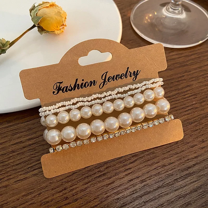 Набор браслетов из искусственного жемчуга и рисовых бусин женский модный