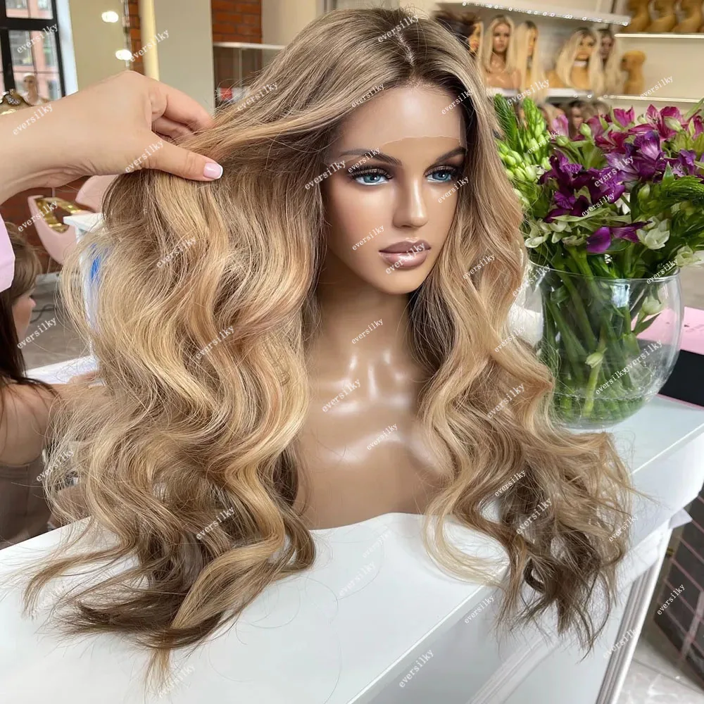Highlights Ash Blonde Full Lace Human Hair Transparent HD 360 Frontal Wigs Ombre Balayage Strawberry Brown Wavy 5x5 Lace Closure
