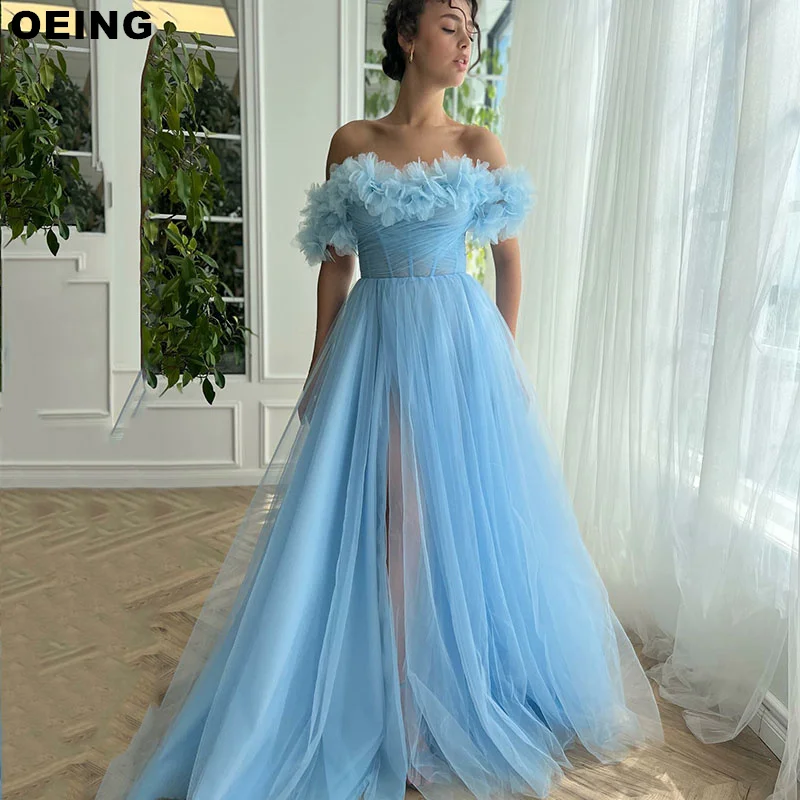 

OEING Elegant Sky Blue A-LINE Princess Ruffles Evening Dresses Appliques Sweetheart Floor-Length Prom Dress For Formal Occasion