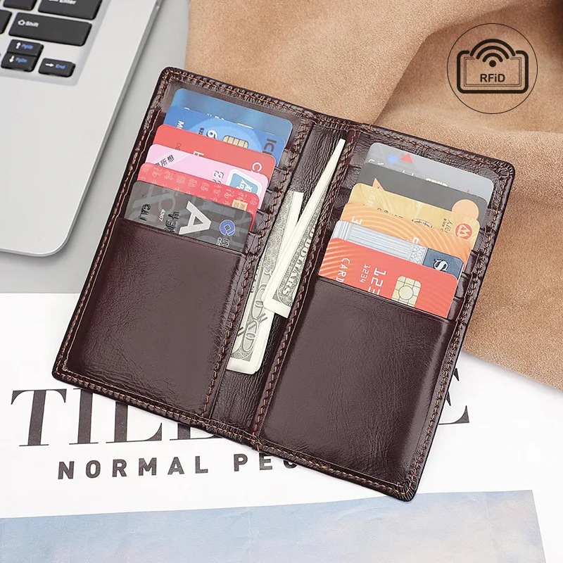 

Retro Genuine Leather Men's Wallet Long Oil Wax Leather Wallet RFID Blocking Anti-theft 12 Card Holder Men Purse Wholesale