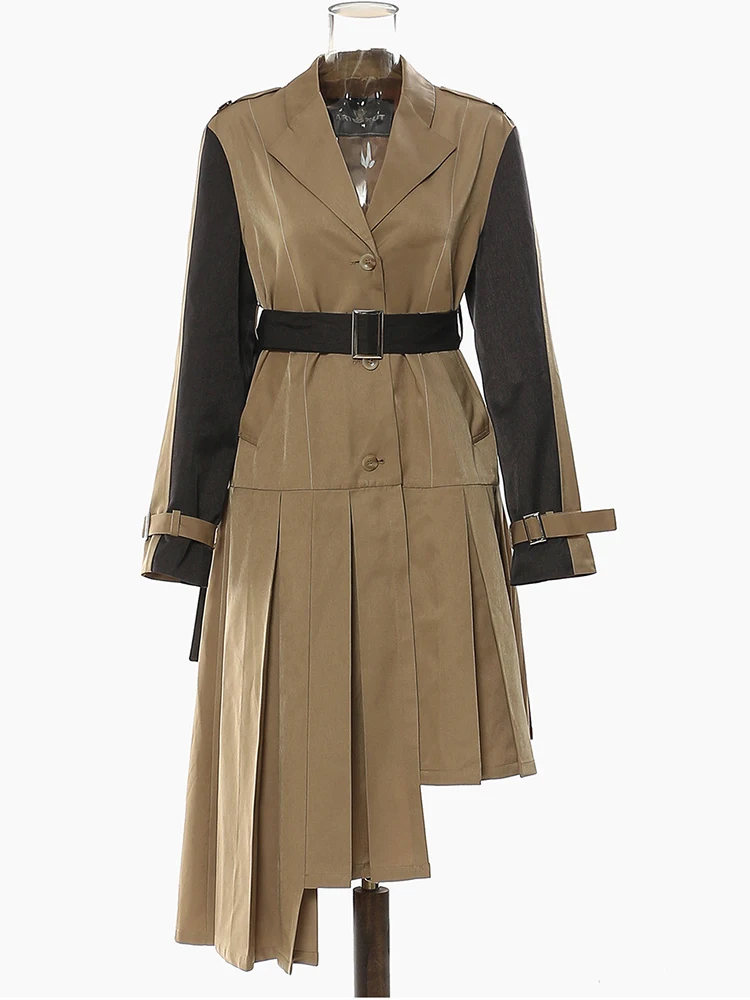 

Women Khaki Pleated Big Size Long Trench New Lapel Long Sleeve Loose Fit Windbreaker Fashion Spring Autumn 2022