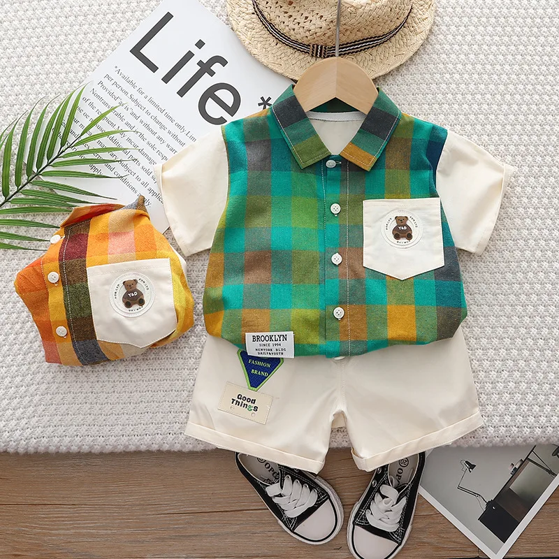 

2023 Children Plaid Bear Lapel Suits Cartoon Polo Fashion Short Sleeves Shirts+shorts Clothes Sets Cotton Boys Korean Outfits