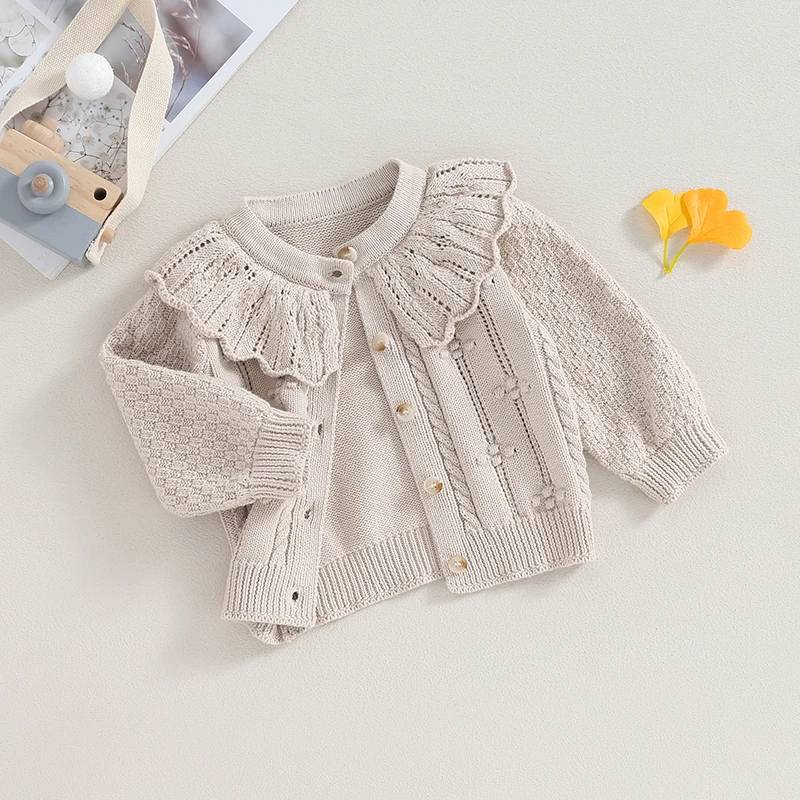 

Toddler Baby Girls Knitted Cardigan Sweater Doll Collar Crochet Button Closure Cardigan Outerwear Clothes