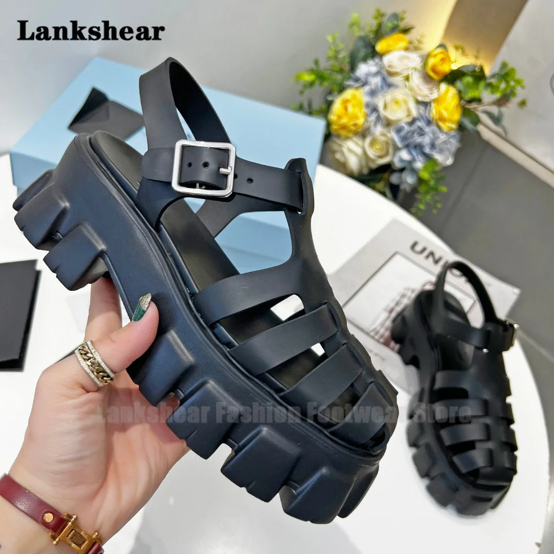 

Gear Thick-Soled Platform Rome Sandals Real Leather Wrap Toe Hollow Weave Punk Flat Sandals Ladies Women's Sandals Summer New