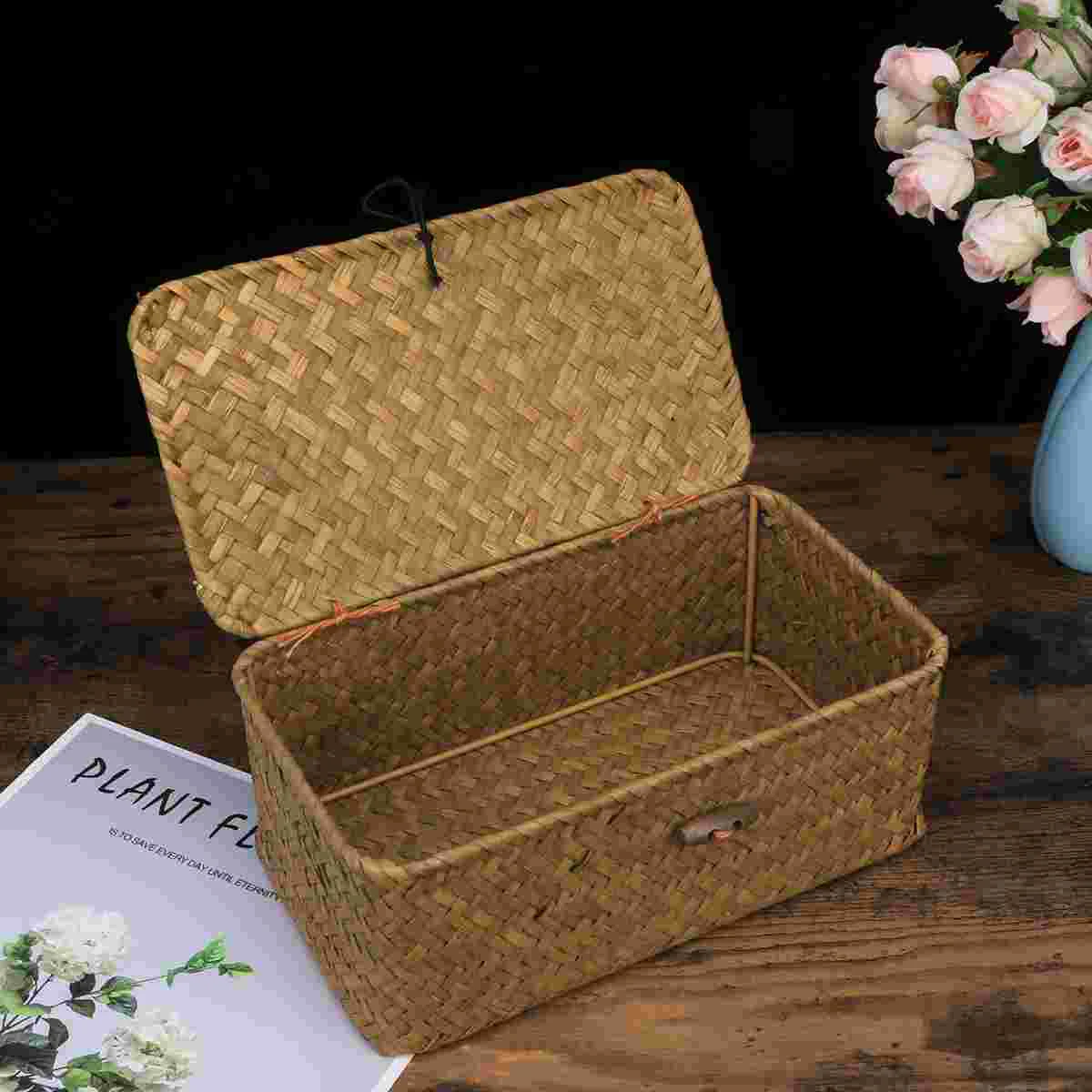 

Basket Lid Storage Woven Straw Box Wicker Baskets Rattan Lids Boxes Bins Decorative Organizing Shelf Sundries Makeup Rectangular