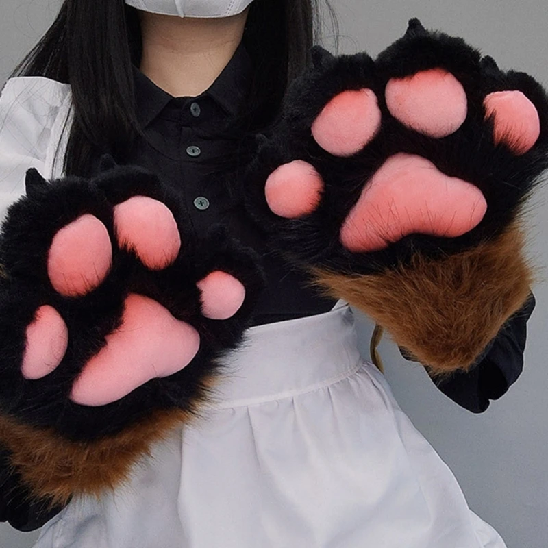 Womens Winter Warm Gloves Cosplays Bear Wolf Paw All-Cover Furry Plush Mittens for Girls Animal Tiger Foxes Cosplays