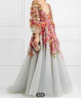 verngo exquisite 3d flowers tulle evening dresses puff long sleeves v neck floor length modern formal prom dress robe de soiree