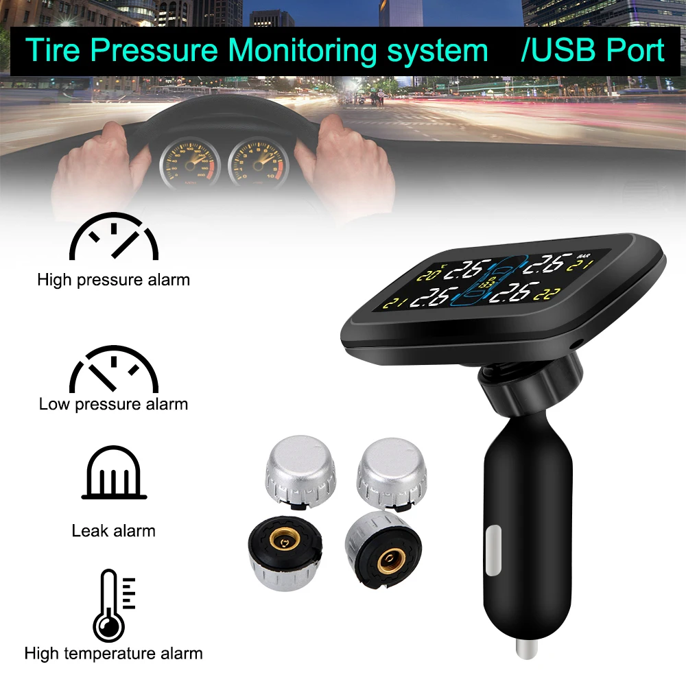 

Tire Pressure Monitoring System Wireless Digital LCD Display Auto Security Alarm Systems Cigarette Lighter Type TPMS