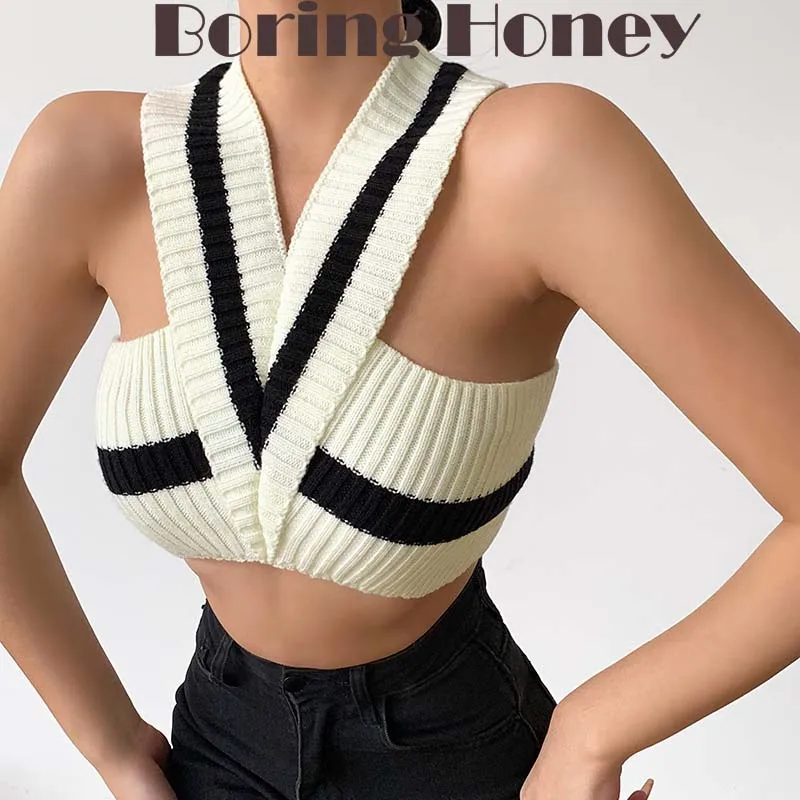 

Boring Honey Sexy Knitted Hang The Neck Slip Vest Top Women Spring Western Style Stripe Contrast Color V-Neck All-Match Tops