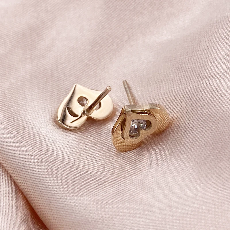 Two Layer Vintage Stainless Steel Crystal Rhinestone Classic Heart Stud Earrings For Women Fashion Female Wedding  Jewelry Gifts