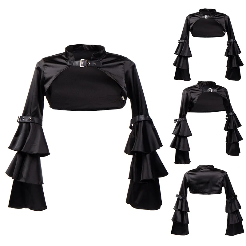 

Women Lolita Gothic Shawl Medieval Vintage Wraps Waistcoat Black Collar Fashion Punk Cloak Pleated Long Sleeve Buckle Top Cape